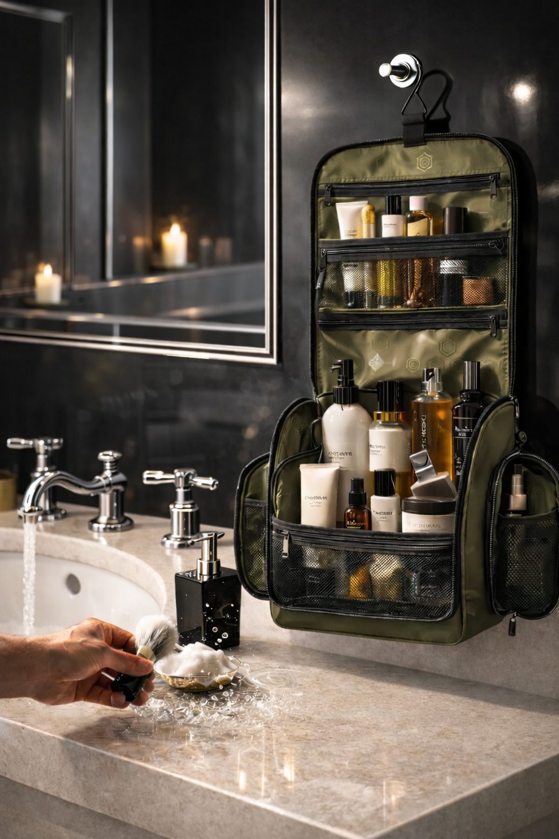 Olive toiletry bag hanging from a hook beside a bathroom mirror, counter left clear