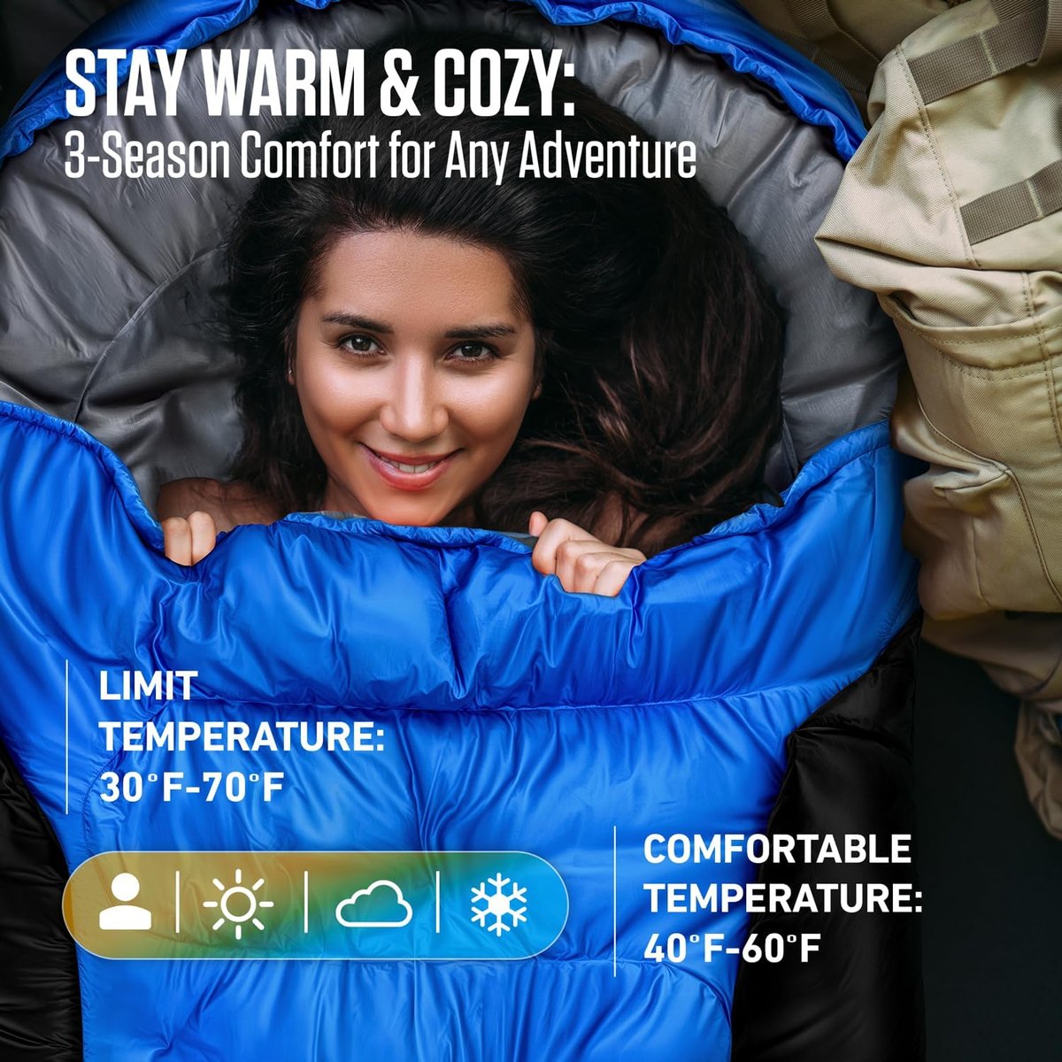3-season warmth, 30 to 70 degrees