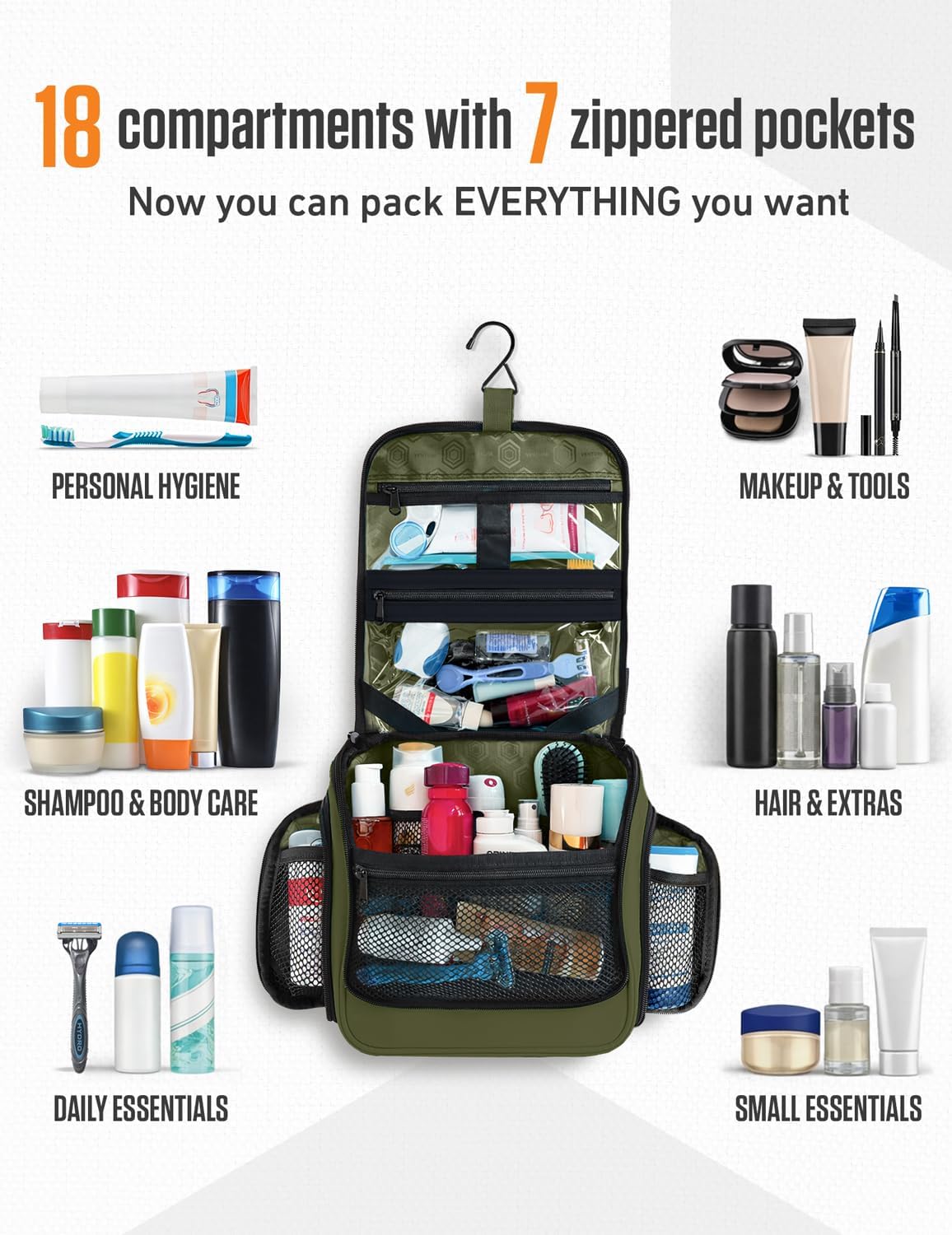 18 compartments with 7 zippered pockets — personal hygiene, makeup, shampoo, hair, daily and small essentials