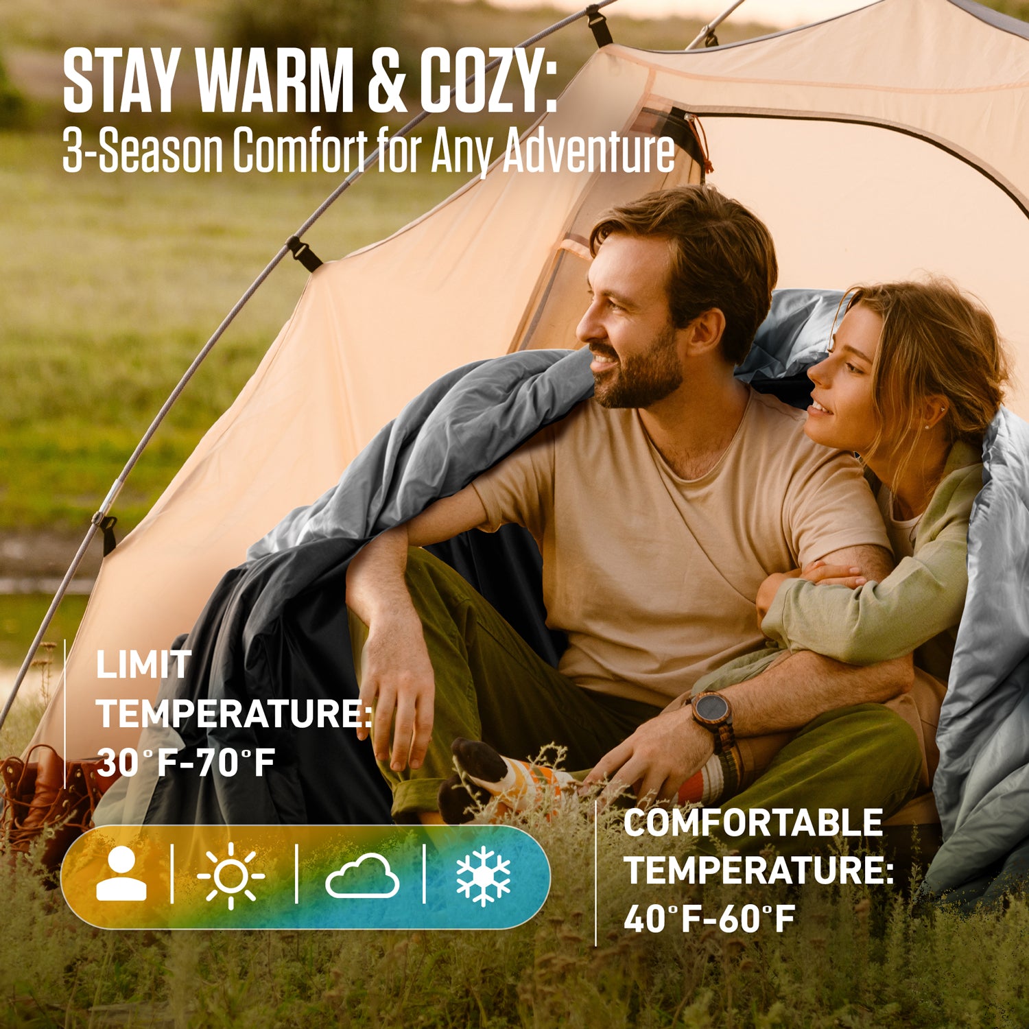 3-season warmth, 30 to 70 degrees