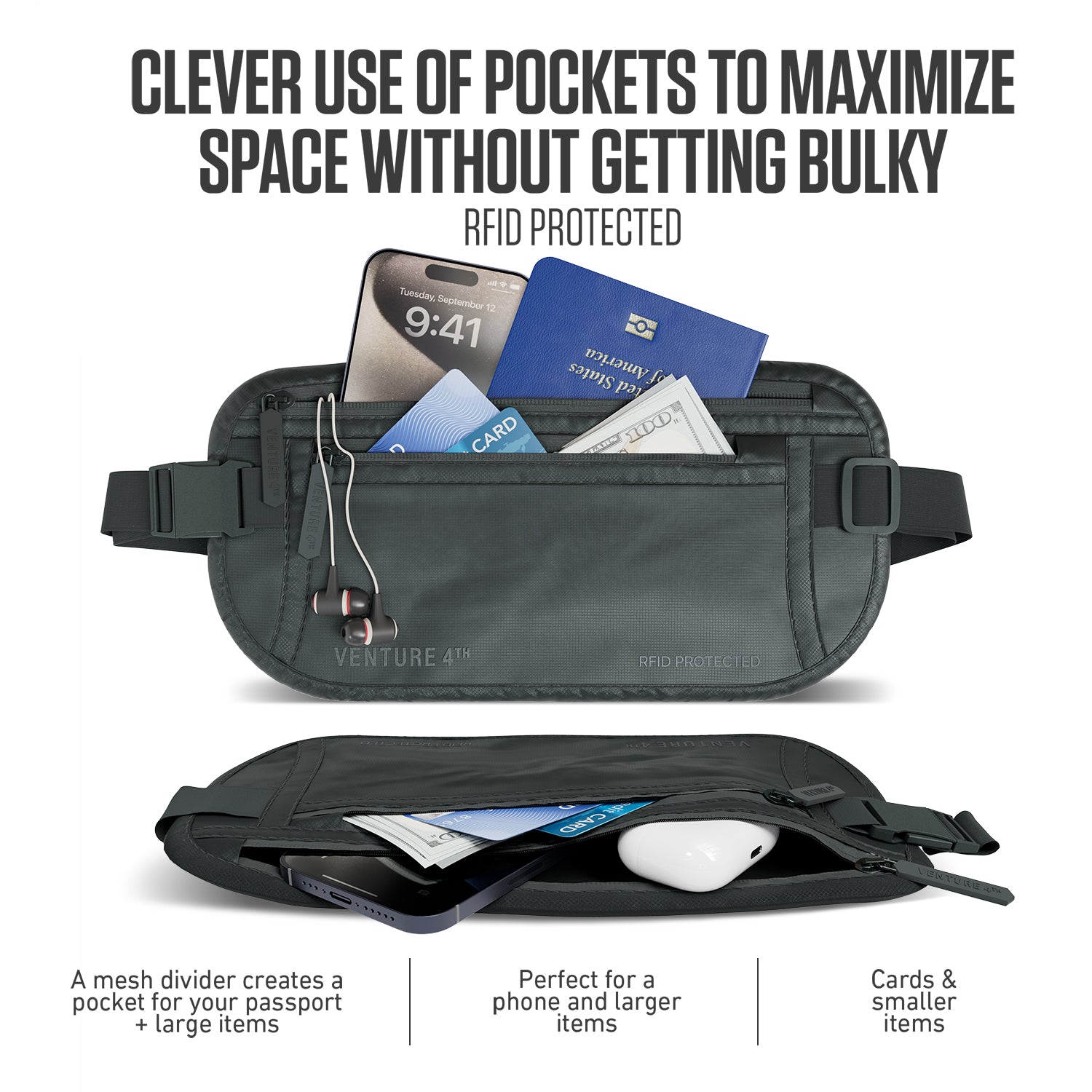 Two zipped pockets with an inner mesh divider