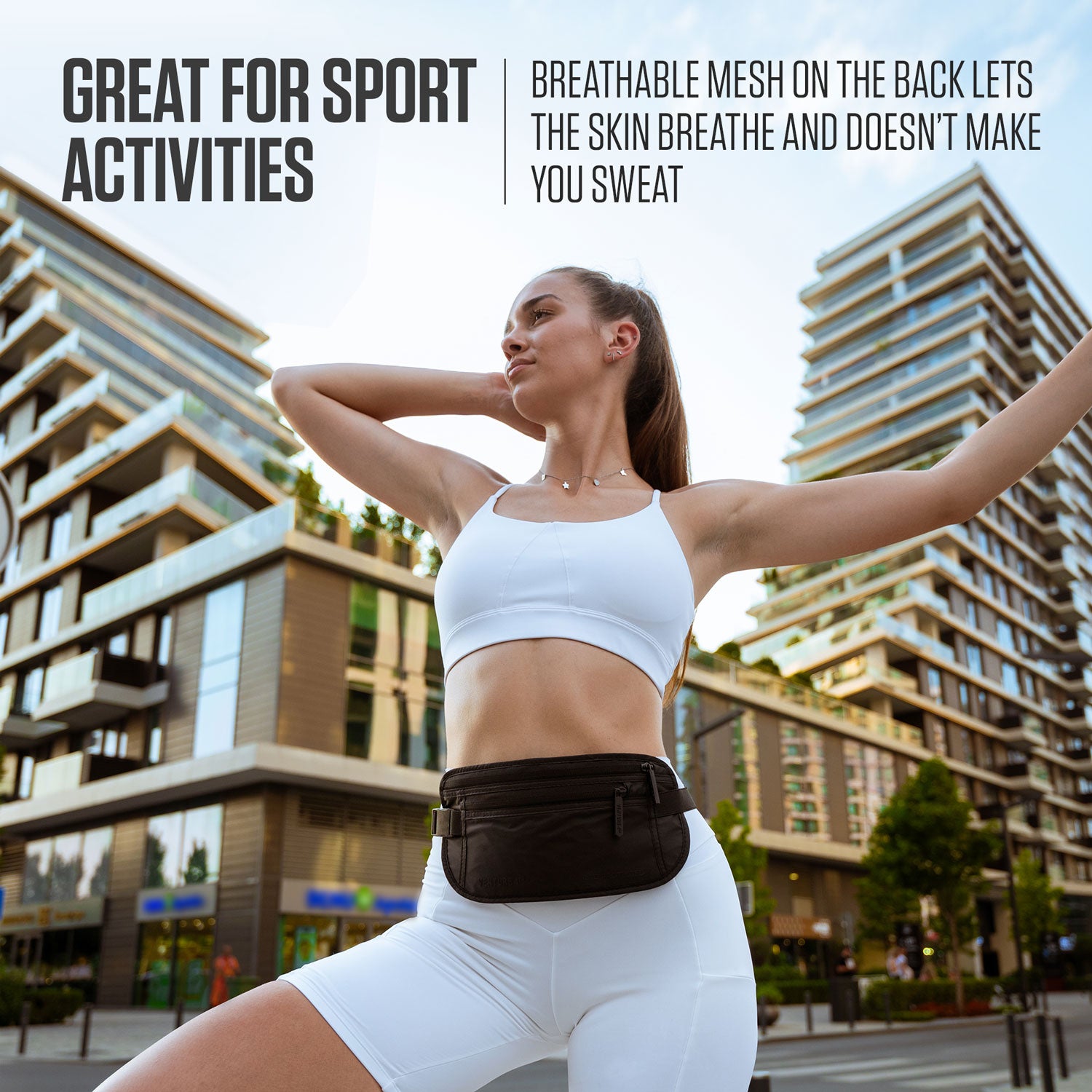 Breathable mesh back panel worn during exercise