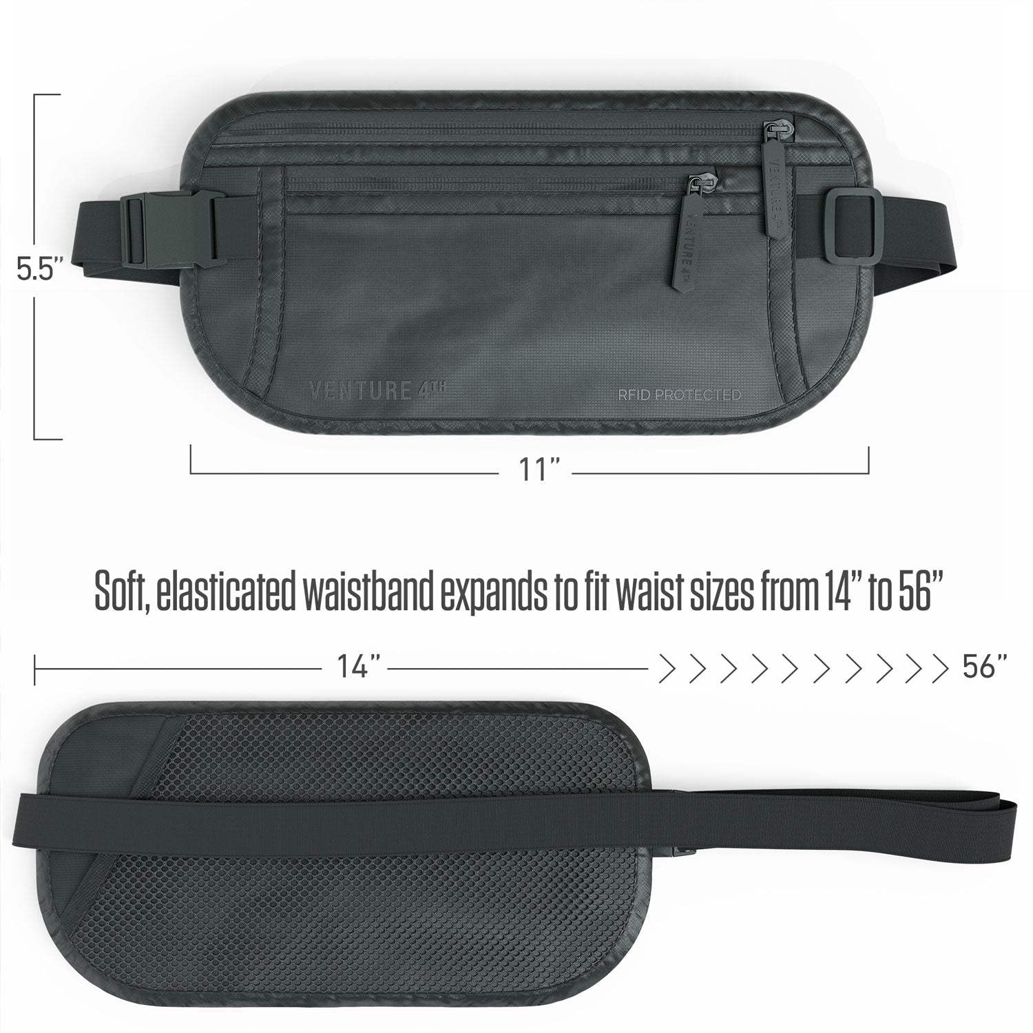 11 by 5.5 inches, waistband from 14 to 56 inches