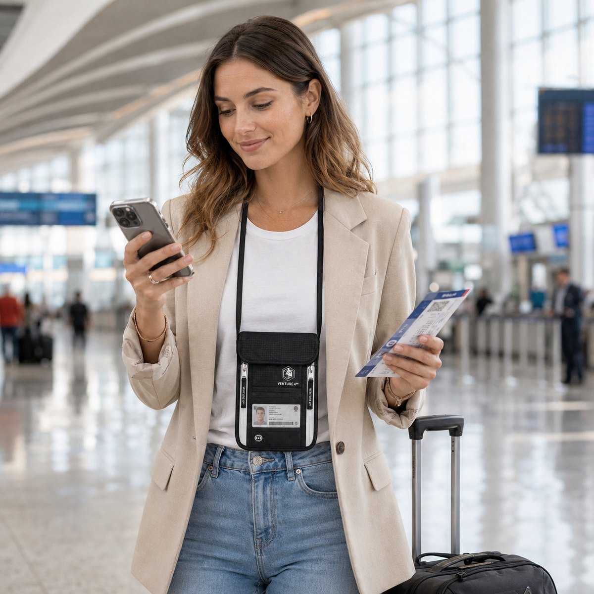 Traveller wearing the neck pouch under a jacket in an airport terminal