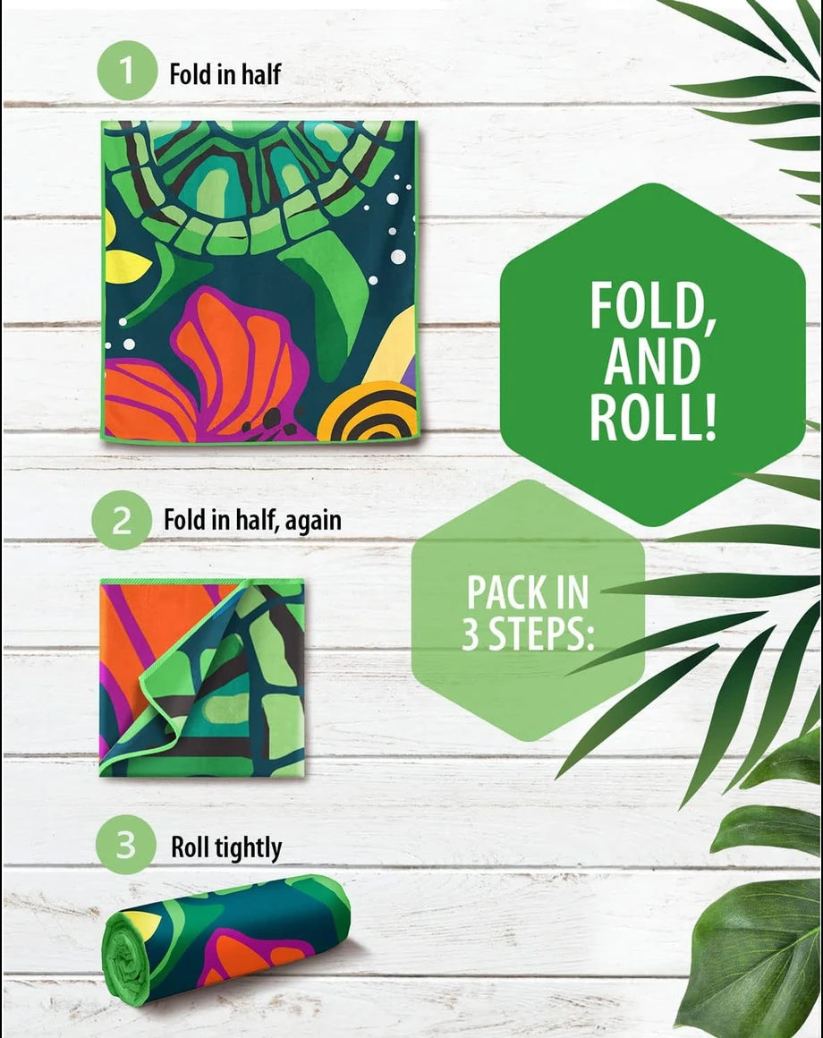 Pack in 3 steps: fold in half, fold in half again, roll tightly