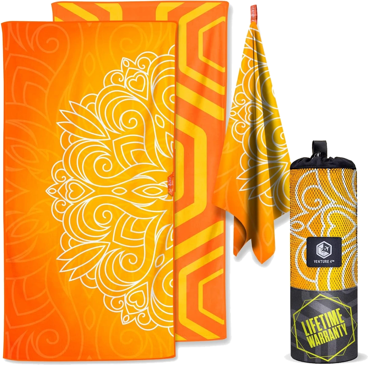 VENTURE 4TH oversized microfiber beach towel with its mesh carry bag