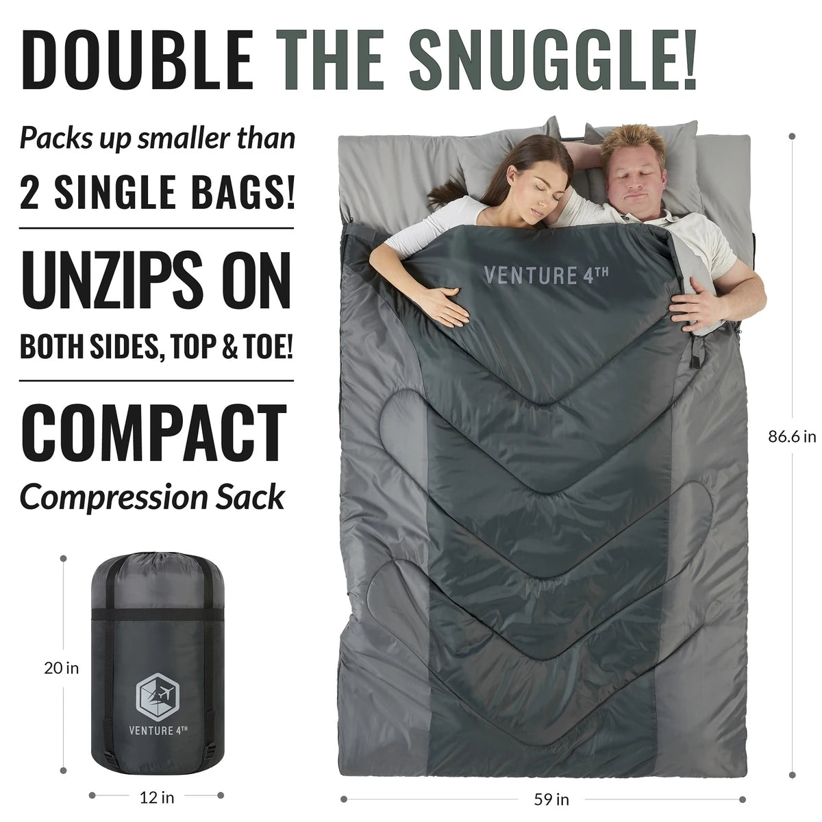 86.6 by 59 inches, unzips on both sides, top and toe
