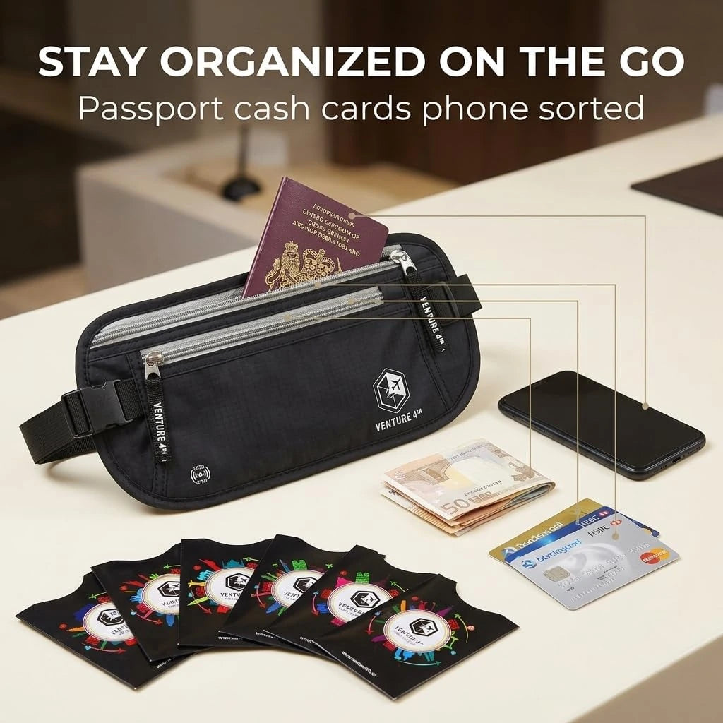 Money belt packed with passport, cash, cards and phone, with RFID sleeves alongside
