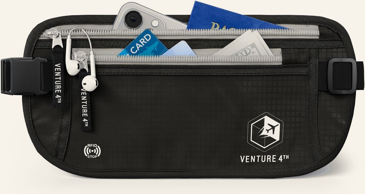 VENTURE 4TH slim RFID money belt holding a passport, banknotes and a phone