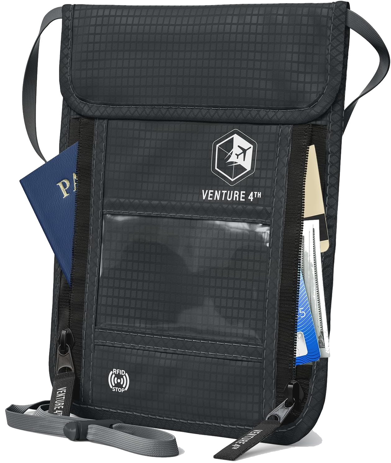 VENTURE 4TH RFID neck pouch holding a passport, boarding pass, cards and cash