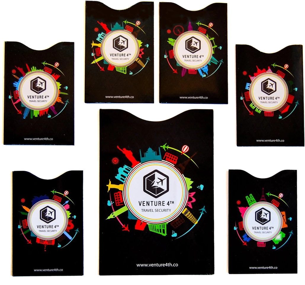 Seven VENTURE 4TH RFID blocking sleeves — six card size, one passport size