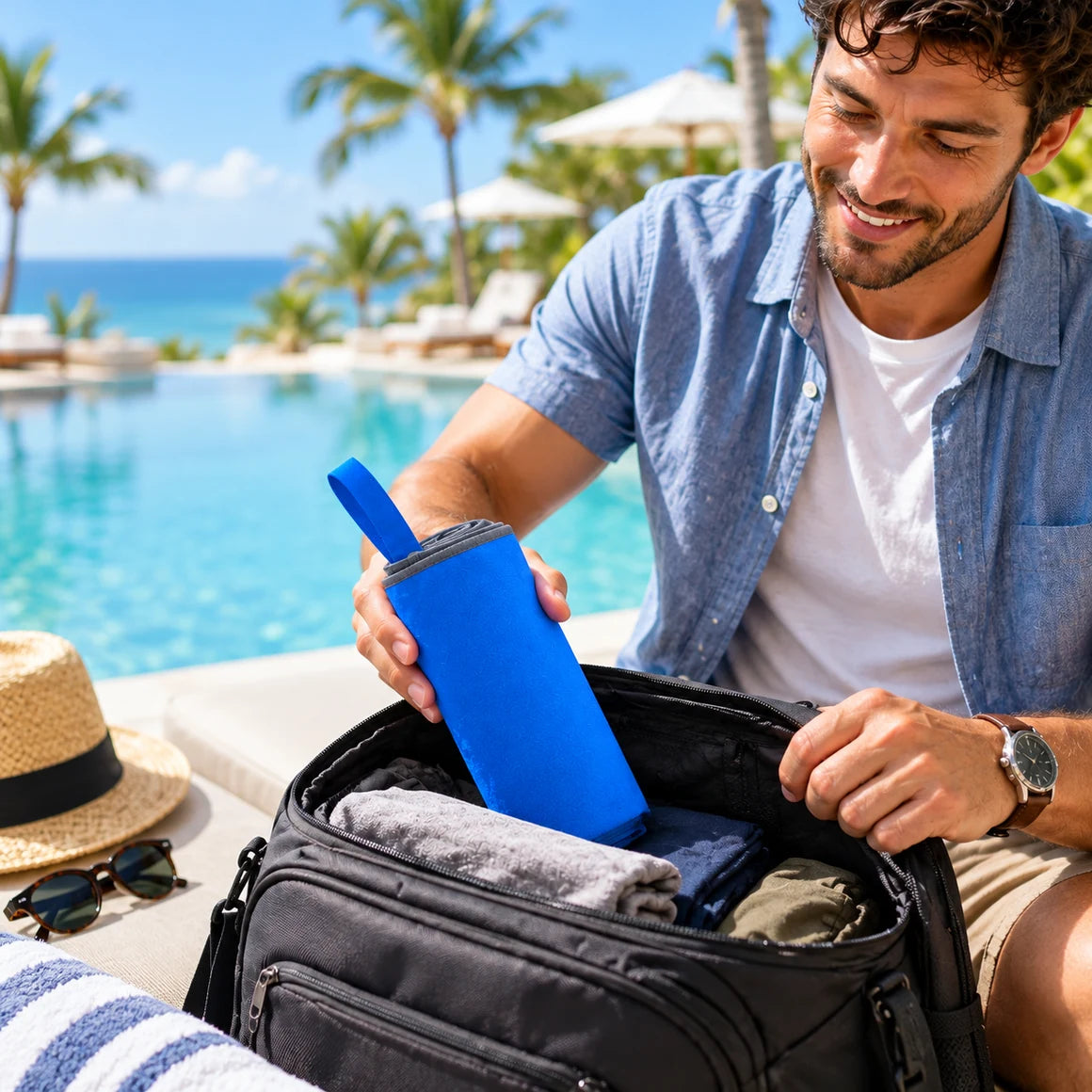 Packing the towel into a case beside a pool